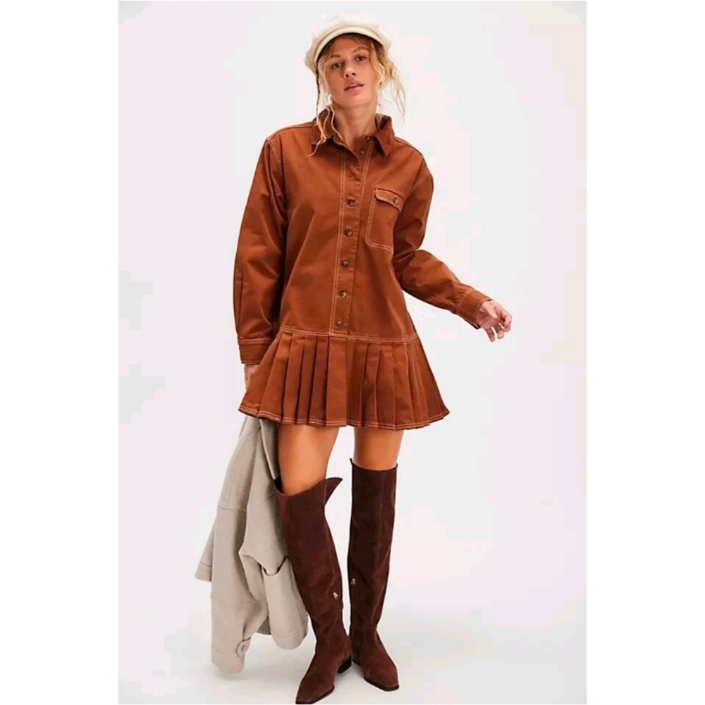 Free People Connor Pleated Mini Dress Golden Brown Nwt